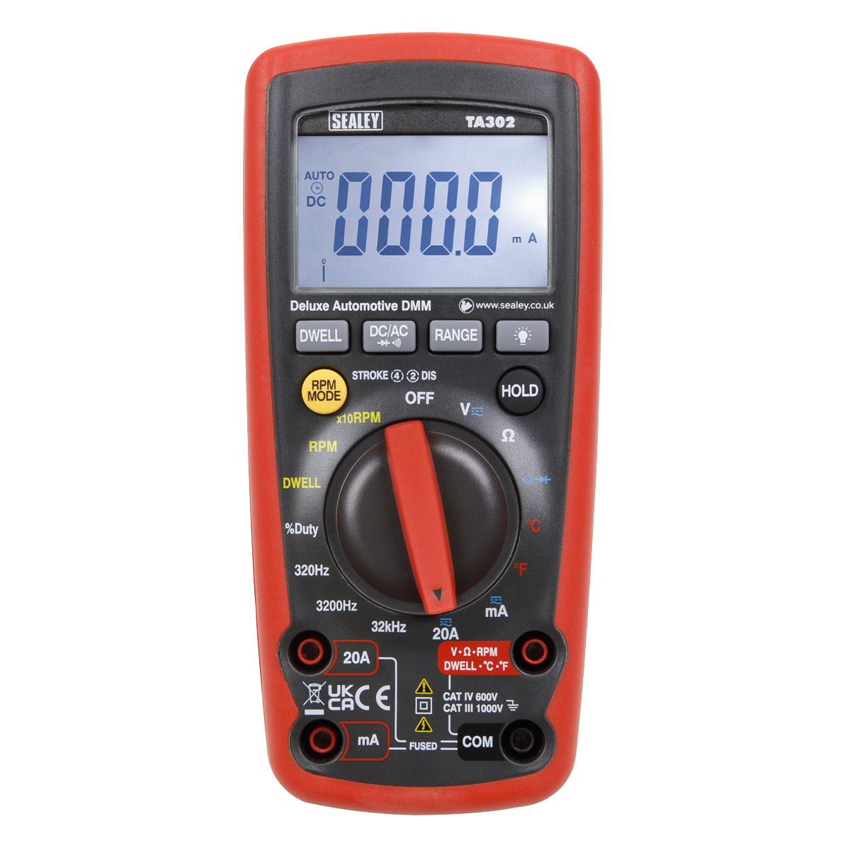 Digital Automotive Analyser 12-Function with Inductive Coupler - TA302, featuring a red protective casing, a digital display reading "0.000 mA," and various buttons and knobs labeled for different measurement functions. Ideal for automotive diagnostics, this auto-ranging multimeter from Sealey ensures precision in all your measurements.