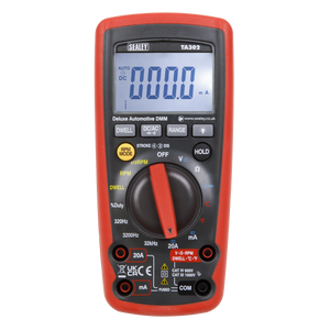 Digital Automotive Analyser 12-Function with Inductive Coupler - TA302, featuring a red protective casing, a digital display reading "0.000 mA," and various buttons and knobs labeled for different measurement functions. Ideal for automotive diagnostics, this auto-ranging multimeter from Sealey ensures precision in all your measurements.