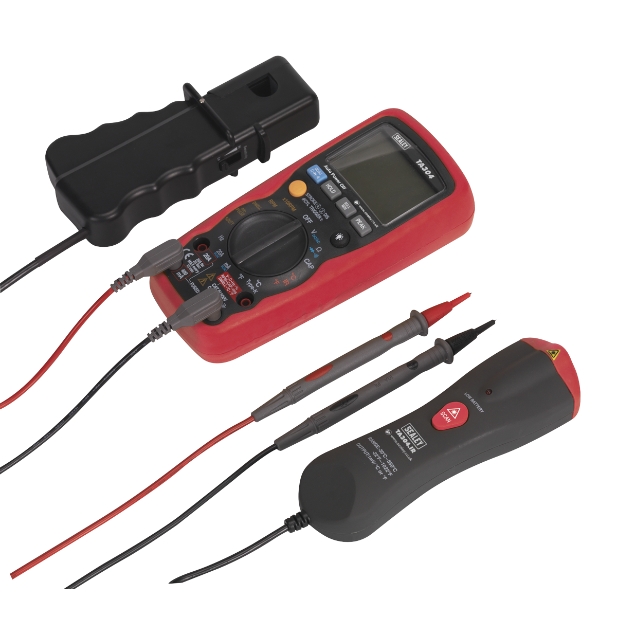 The Sealey Digital Automotive Analyser, model TA304, featuring 15 functions with an inductive coupler and an infrared temperature probe, alongside red and black probes, an AC current clamp, a non-contact voltage tester, and high-speed processing circuitry laid out on a white surface.