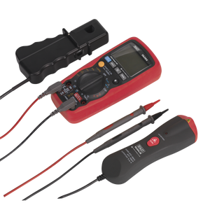 The Sealey Digital Automotive Analyser, model TA304, featuring 15 functions with an inductive coupler and an infrared temperature probe, alongside red and black probes, an AC current clamp, a non-contact voltage tester, and high-speed processing circuitry laid out on a white surface.