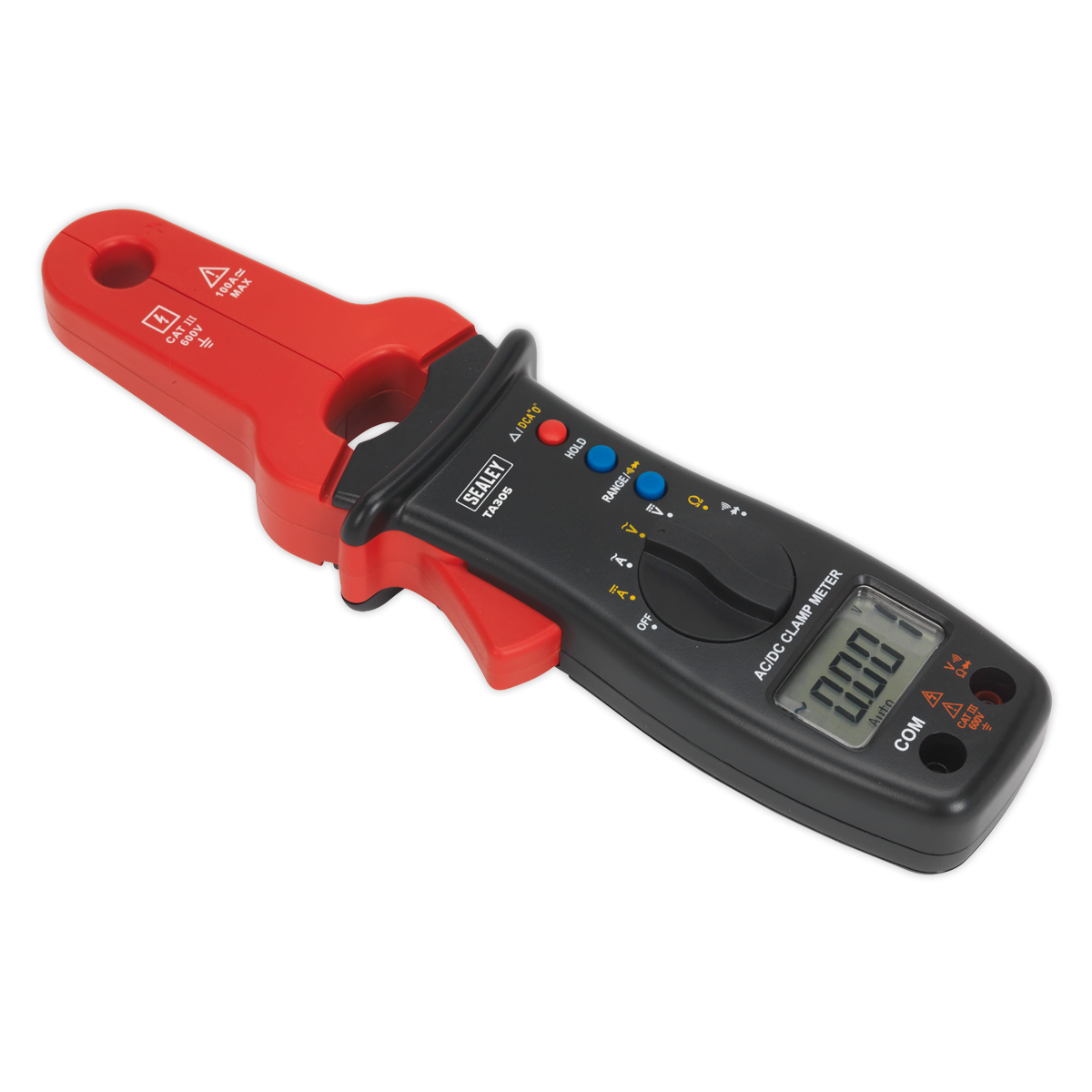 The Sealey AC/DC Clamp Meter & Multimeter - TA305, featuring a black body with a 10mm red clamp, display screen, and multiple setting buttons, is perfect for measuring electric current draw. An essential tool for any automotive electrician.