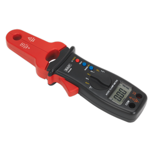 The Sealey AC/DC Clamp Meter & Multimeter - TA305, featuring a black body with a 10mm red clamp, display screen, and multiple setting buttons, is perfect for measuring electric current draw. An essential tool for any automotive electrician.