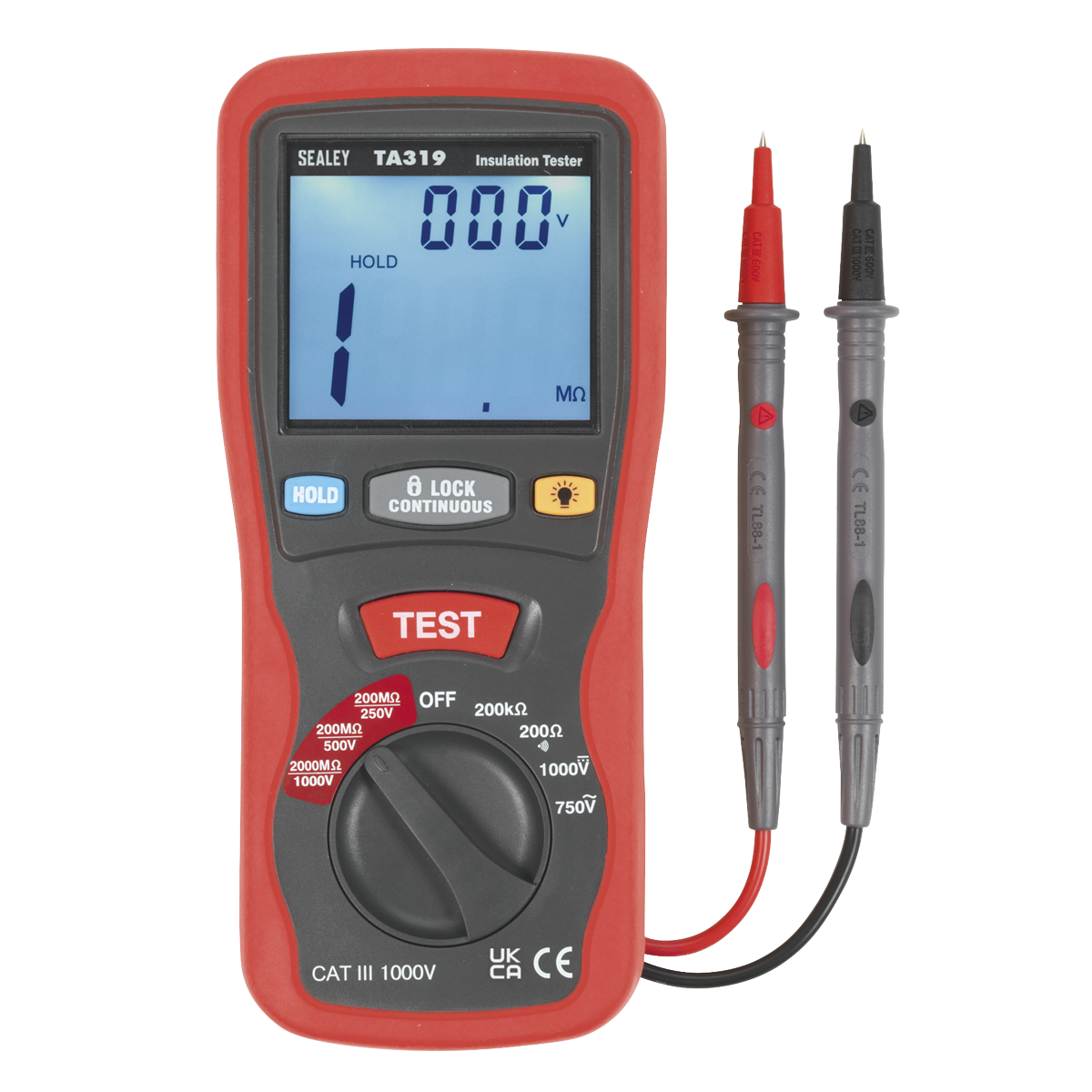 A digital insulation tester with red and black probes, displaying a reading of 1 megohm on its blue backlit screen. Ideal for high voltage cables, the Sealey Digital Insulation Tester - TA319 complies with EN61010 CAT III standards.