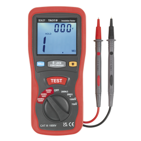 A digital insulation tester with red and black probes, displaying a reading of 1 megohm on its blue backlit screen. Ideal for high voltage cables, the Sealey Digital Insulation Tester - TA319 complies with EN61010 CAT III standards.