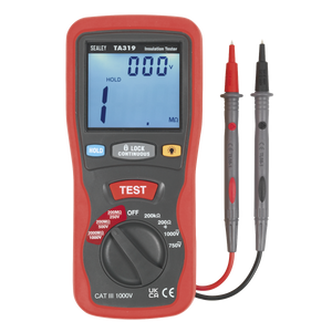 A digital insulation tester with red and black probes, displaying a reading of 1 megohm on its blue backlit screen. Ideal for high voltage cables, the Sealey Digital Insulation Tester - TA319 complies with EN61010 CAT III standards.