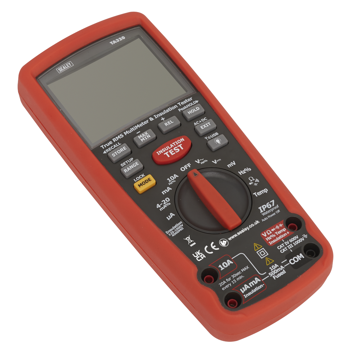 The Sealey Digital Automotive Analyser/Insulation Tester - Hybrid/Electric Vehicles - TA320, featuring a large digital display, comes in red and offers multiple measurement settings, including an insulation test function. The dial is set to the off position, surrounded by text indicating different functions.