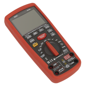 The Sealey Digital Automotive Analyser/Insulation Tester - Hybrid/Electric Vehicles - TA320, featuring a large digital display, comes in red and offers multiple measurement settings, including an insulation test function. The dial is set to the off position, surrounded by text indicating different functions.