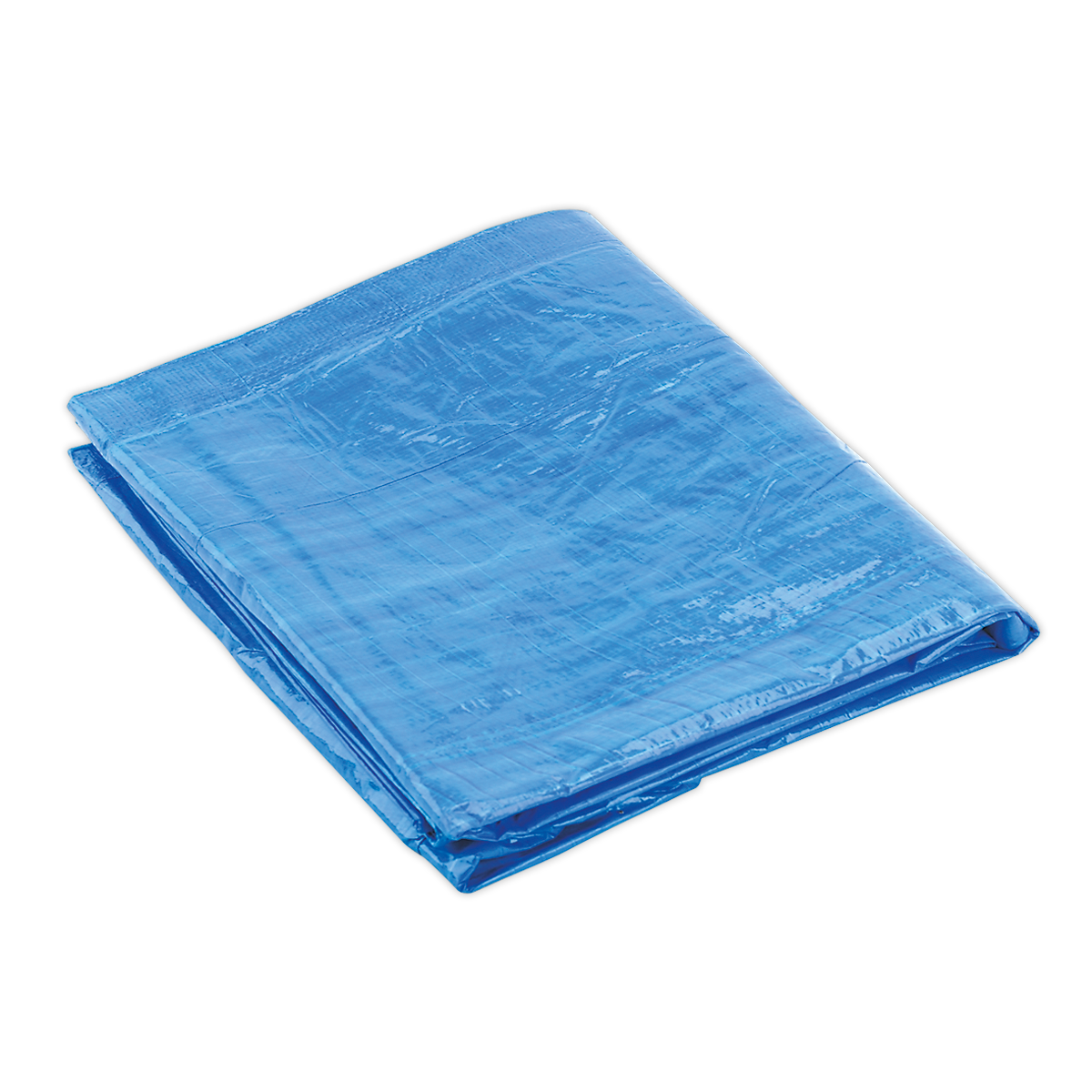 A Sealey Tarpaulin 3.05 x 3.66m in blue (model TARP1012) made from durable plastic, featuring visible creases and enhanced with a UV filter, isolated on a white background.
