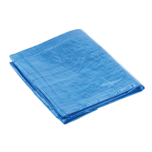 A Sealey Tarpaulin 3.05 x 3.66m in blue (model TARP1012) made from durable plastic, featuring visible creases and enhanced with a UV filter, isolated on a white background.
