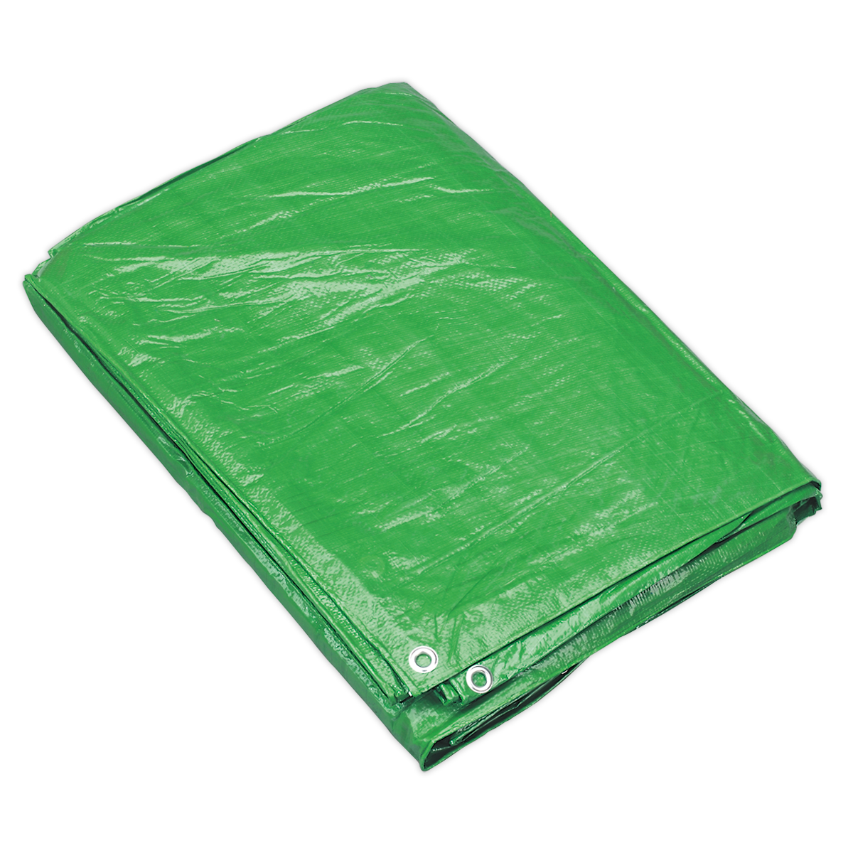 The Sealey Tarpaulin 3.66 x 4.88m Green - TARP1216G, featuring metal grommets along the edges, is displayed on a light-colored background. This durable, waterproof sheeting includes a UV filter for added protection.