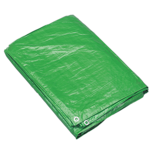 The Sealey Tarpaulin 3.66 x 4.88m Green - TARP1216G, featuring metal grommets along the edges, is displayed on a light-colored background. This durable, waterproof sheeting includes a UV filter for added protection.