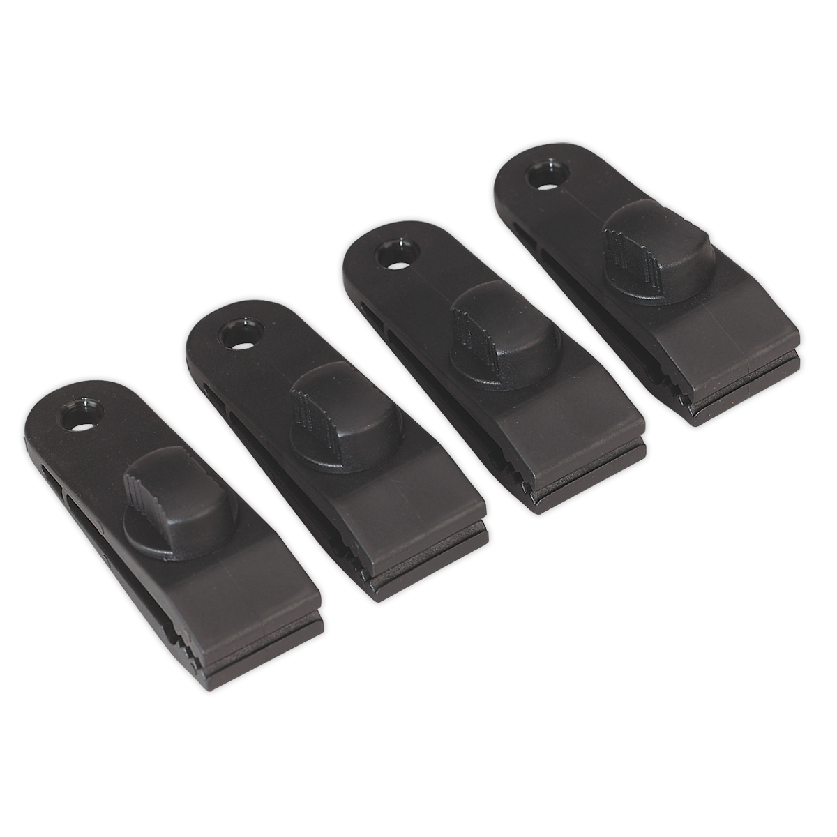 Four Sealey Tarpaulin Clips from the TARP4 pack, crafted from black plastic and equipped with tension adjusting control, are arranged in a row on a white background.