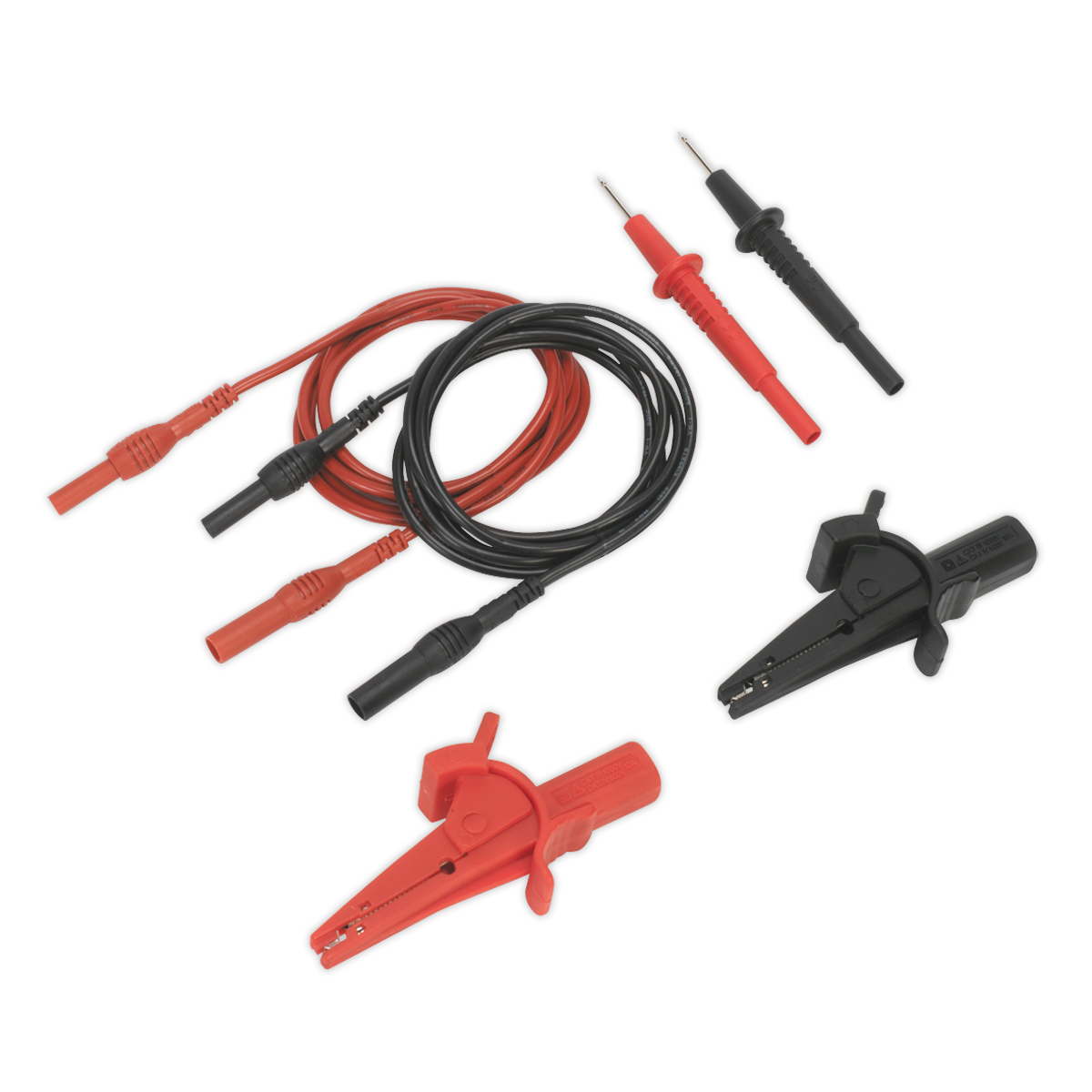 The Sealey Automotive Test Lead & Crocodile Clip Set 6pc - TATL, featuring red and black electrical test probes and alligator clips with connecting cables, is perfect for multimeters, analyzers, or automotive test leads.