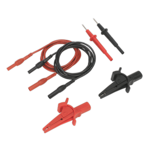 The Sealey Automotive Test Lead & Crocodile Clip Set 6pc - TATL, featuring red and black electrical test probes and alligator clips with connecting cables, is perfect for multimeters, analyzers, or automotive test leads.