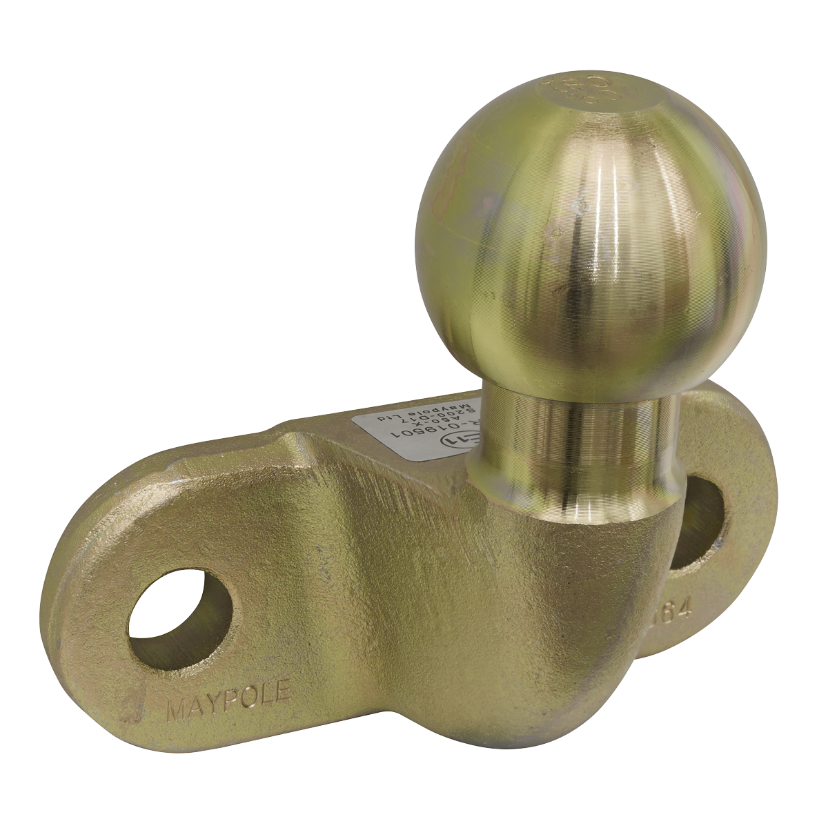 The Sealey Tow-Ball 50mm E-Approved - TB03E is a brass-colored forged tow-ball featuring two bolt holes for attachment. It tops a curved base and bears visible text and markings indicating its 3500kg load specifications, ensuring compliance with European legislation.