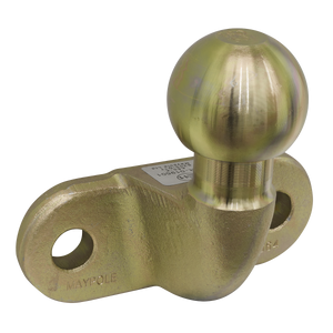 The Sealey Tow-Ball 50mm E-Approved - TB03E is a brass-colored forged tow-ball featuring two bolt holes for attachment. It tops a curved base and bears visible text and markings indicating its 3500kg load specifications, ensuring compliance with European legislation.