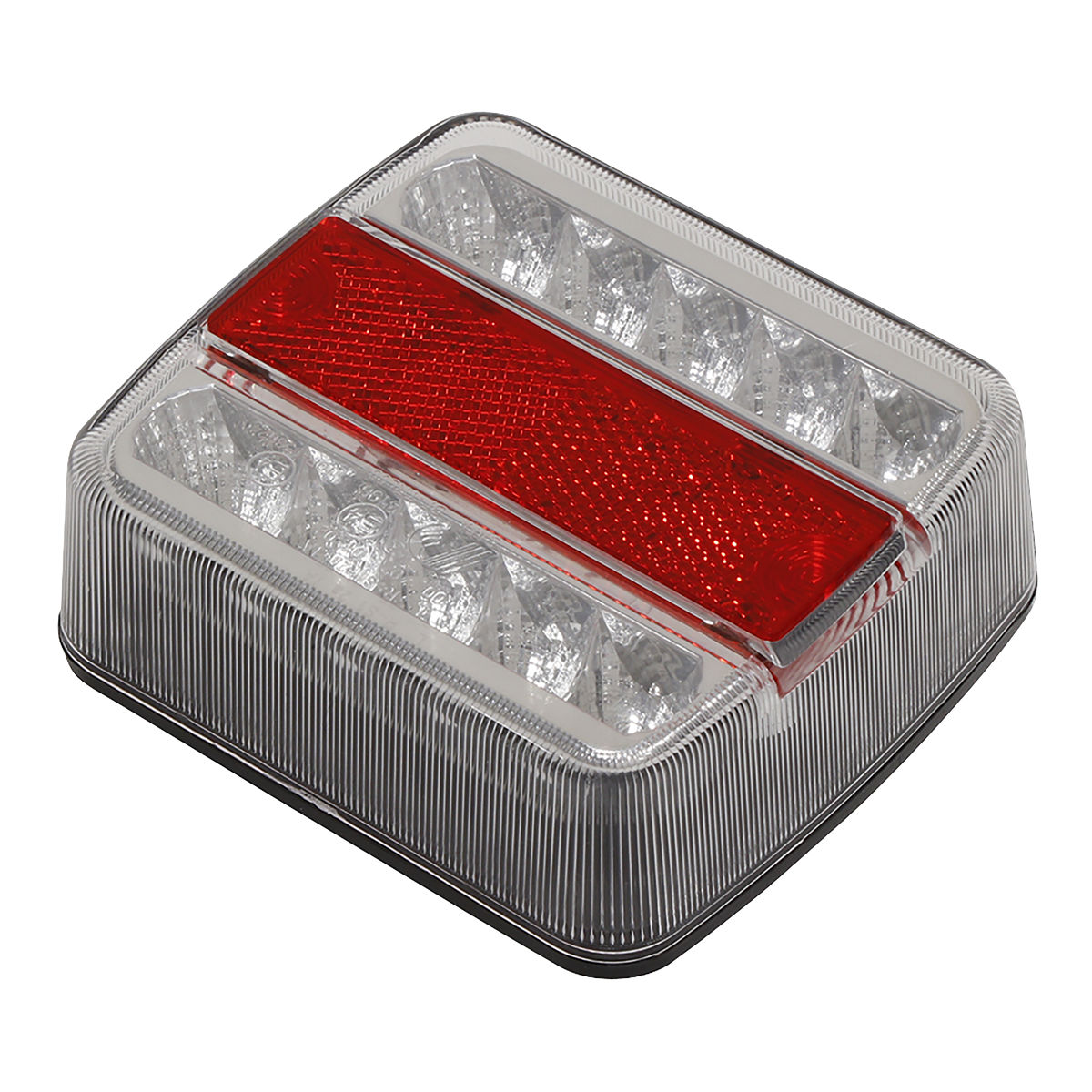 The Sealey Lighting Cluster Rear Square SMD LED 12V - TB18LED is a modern direct replacement tail light, featuring a red reflective strip in the middle and a clear, segmented outer casing. It's E-Mark approved and includes 5-Function SMD LEDs for versatile performance.