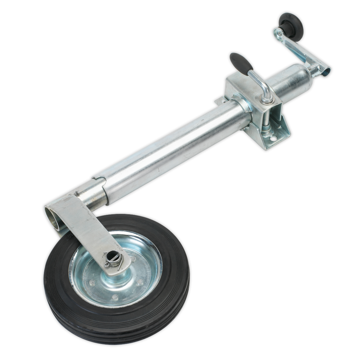 The Sealey Jockey Wheel & Clamp Ø50mm - Ø200mm Solid Wheel - TB37 is a robust jockey wheel featuring a solid rubber tire and a black mounting bracket, designed for supporting and maneuvering trailers.