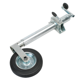 The Sealey Jockey Wheel & Clamp Ø50mm - Ø200mm Solid Wheel - TB37 is a robust jockey wheel featuring a solid rubber tire and a black mounting bracket, designed for supporting and maneuvering trailers.