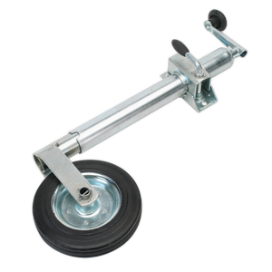 The Sealey Jockey Wheel & Clamp Ø50mm - Ø200mm Solid Wheel - TB37 is a robust jockey wheel featuring a solid rubber tire and a black mounting bracket, designed for supporting and maneuvering trailers.