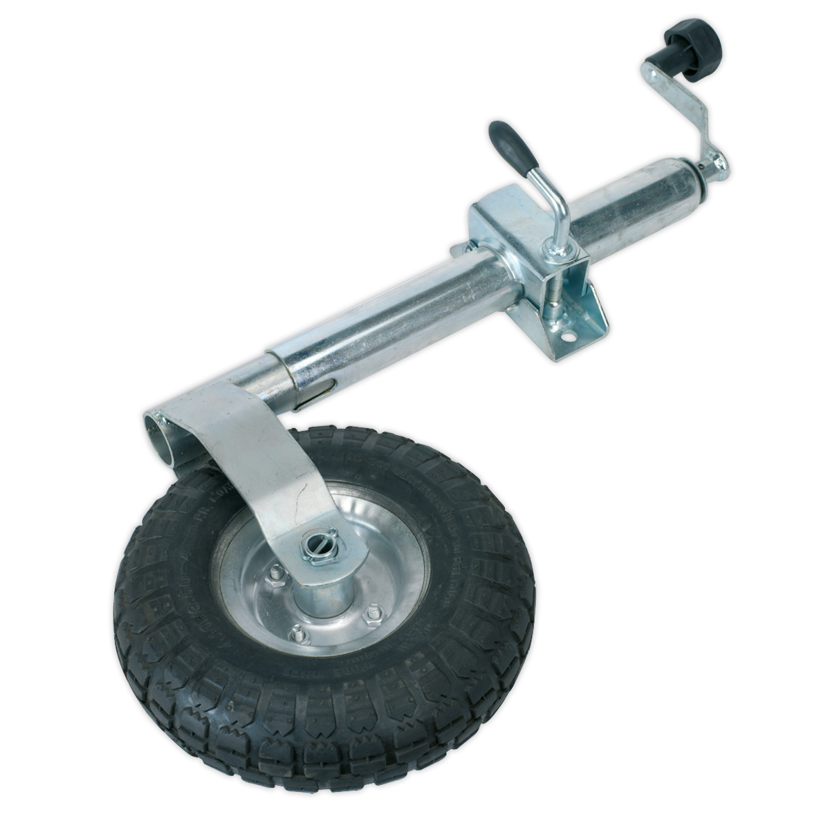 The Sealey Jockey Wheel & Clamp Ø48mm - Ø260mm Pneumatic Wheel (model TB372) features a durable black rubber pneumatic wheel and a sturdy metal handle for easy height adjustment, complete with an Ø48mm clamp.