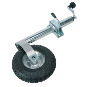 The Sealey Jockey Wheel & Clamp Ø48mm - Ø260mm Pneumatic Wheel (model TB372) features a durable black rubber pneumatic wheel and a sturdy metal handle for easy height adjustment, complete with an Ø48mm clamp.