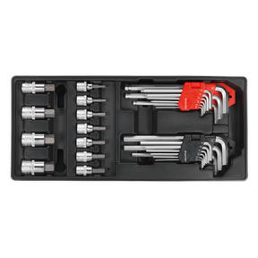 The Sealey TBT07 Tool Tray with 29-piece Hex/Ball-End Hex Keys & Socket Bit Set, part of our Premier Line, features a black plastic tray that securely organizes the tools in designated slots. It's perfect for any professional technician.