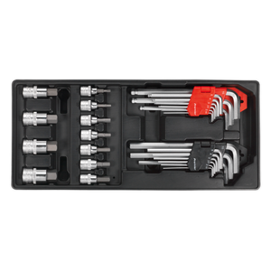 The Sealey TBT07 Tool Tray with 29-piece Hex/Ball-End Hex Keys & Socket Bit Set, part of our Premier Line, features a black plastic tray that securely organizes the tools in designated slots. It's perfect for any professional technician.