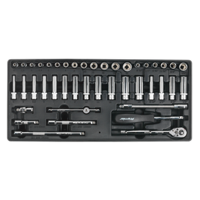 A Tool Tray with Socket Set 43pc 1/4"Sq Drive - TBT19 by Sealey, featuring various-sized socket wrenches and interchangeable tool heads, fits seamlessly into Superline PRO® tool chests.