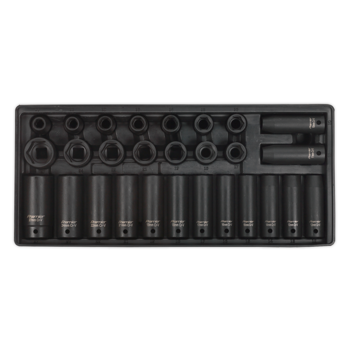 Sealey's Premier Line TBT24 Tool Tray includes a 28-piece set of metric impact sockets, compatible with the AP24 Topchest, showcasing multiple sizes and fittings for a 1/2" square drive.