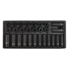 Sealey's Premier Line TBT24 Tool Tray includes a 28-piece set of metric impact sockets, compatible with the AP24 Topchest, showcasing multiple sizes and fittings for a 1/2" square drive.