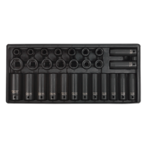 Sealey's Premier Line TBT24 Tool Tray includes a 28-piece set of metric impact sockets, compatible with the AP24 Topchest, showcasing multiple sizes and fittings for a 1/2" square drive.