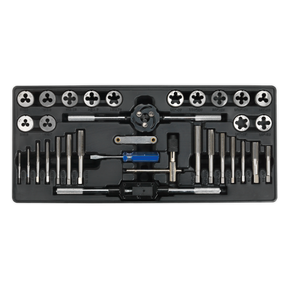 The Sealey Tool Tray with Tap & Die Set 33pc - TBT26 features an organized collection of threading tools, including taps, dies, and handles, all neatly arranged in a Premier Line tool tray within a black carrying case.