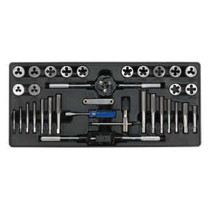 The Sealey Tool Tray with Tap & Die Set 33pc - TBT26 features an organized collection of threading tools, including taps, dies, and handles, all neatly arranged in a Premier Line tool tray within a black carrying case.