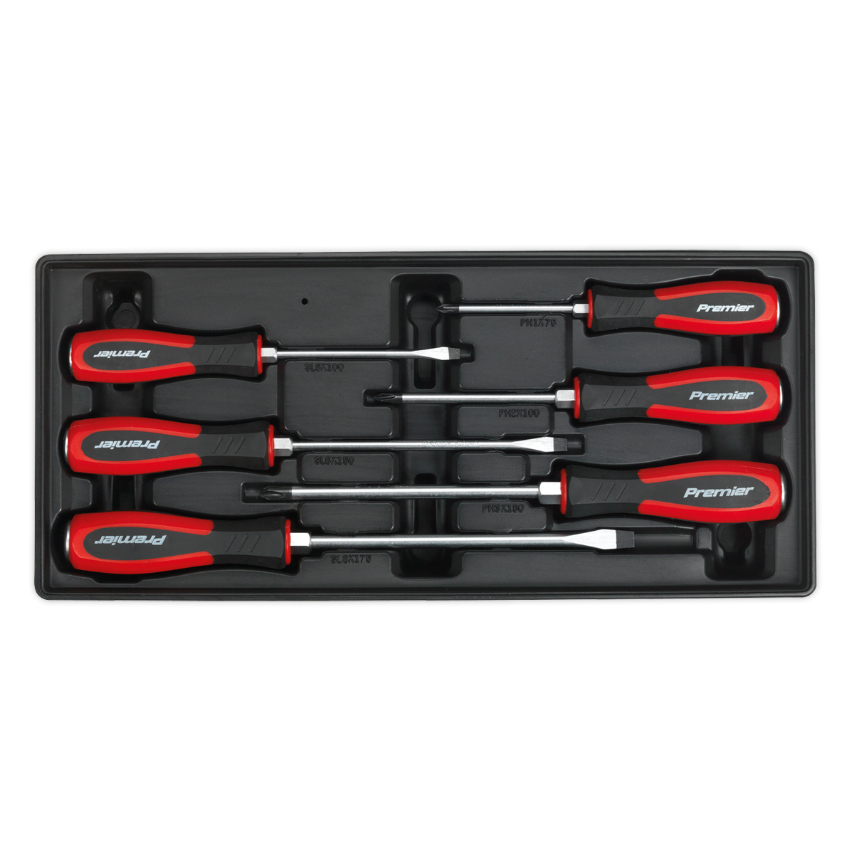 A set of six Sealey screwdrivers from the Tool Tray with Hammer-Thru Screwdriver Set 6pc - TBT29, featuring red and black handles, neatly arranged in a Premier Line tool tray, perfect for the professional technician.