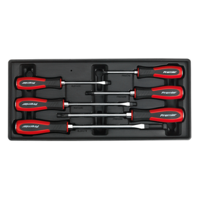 A set of six Sealey screwdrivers from the Tool Tray with Hammer-Thru Screwdriver Set 6pc - TBT29, featuring red and black handles, neatly arranged in a Premier Line tool tray, perfect for the professional technician.