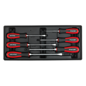 A set of six Sealey screwdrivers from the Tool Tray with Hammer-Thru Screwdriver Set 6pc - TBT29, featuring red and black handles, neatly arranged in a Premier Line tool tray, perfect for the professional technician.