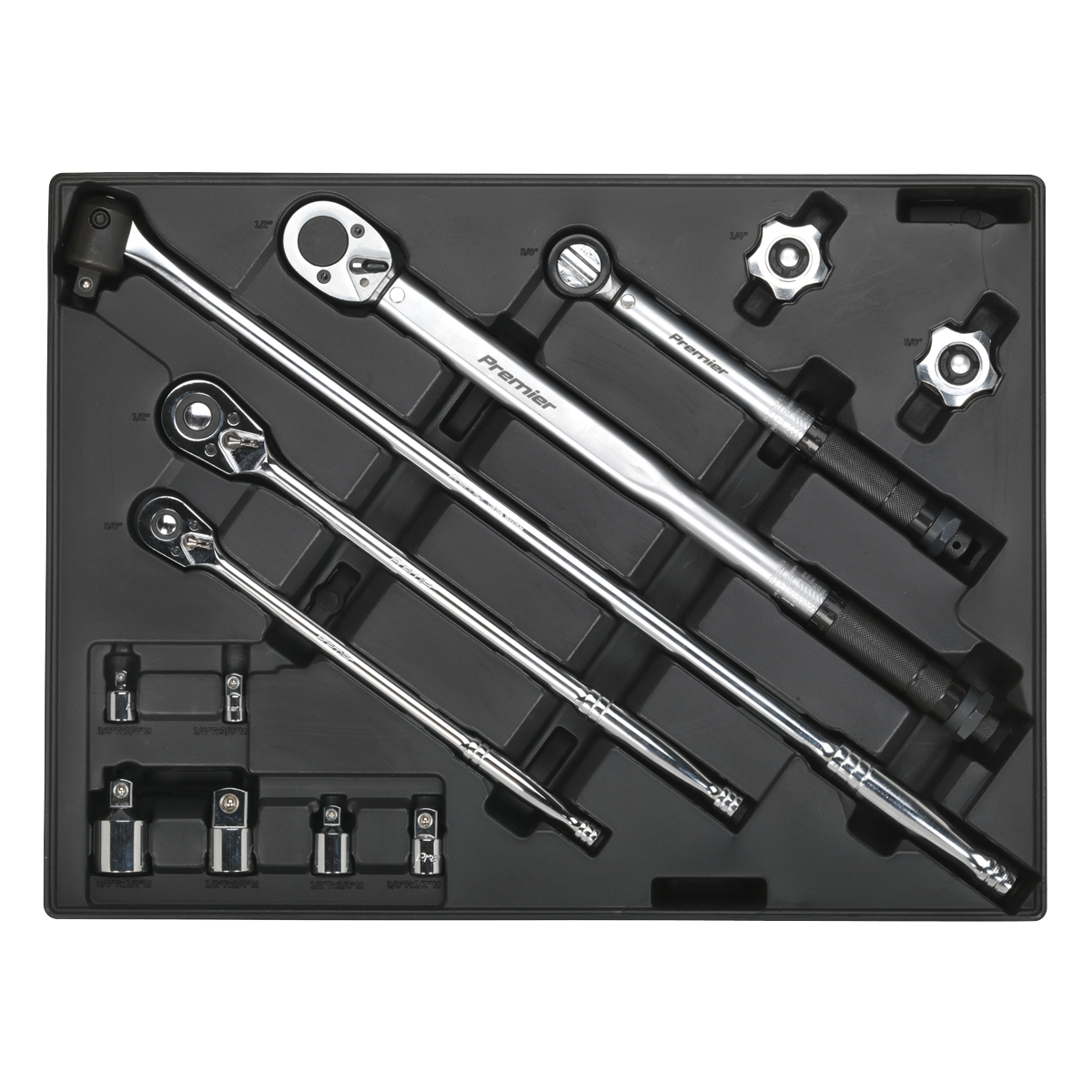 Introducing the Tool Tray with Ratchet, Torque Wrench, Breaker Bar & Socket Adaptor Set 13pc - TBT32 by Sealey. This collection features three ratchets of varying sizes, extension bars, and sockets inside a sleek black case. The durable tool trays ensure your tools are organized with precision.