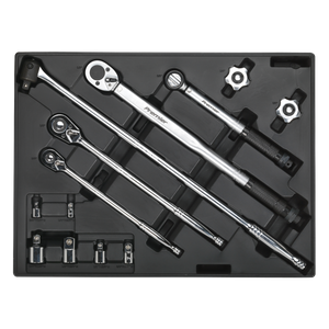 Introducing the Tool Tray with Ratchet, Torque Wrench, Breaker Bar & Socket Adaptor Set 13pc - TBT32 by Sealey. This collection features three ratchets of varying sizes, extension bars, and sockets inside a sleek black case. The durable tool trays ensure your tools are organized with precision.