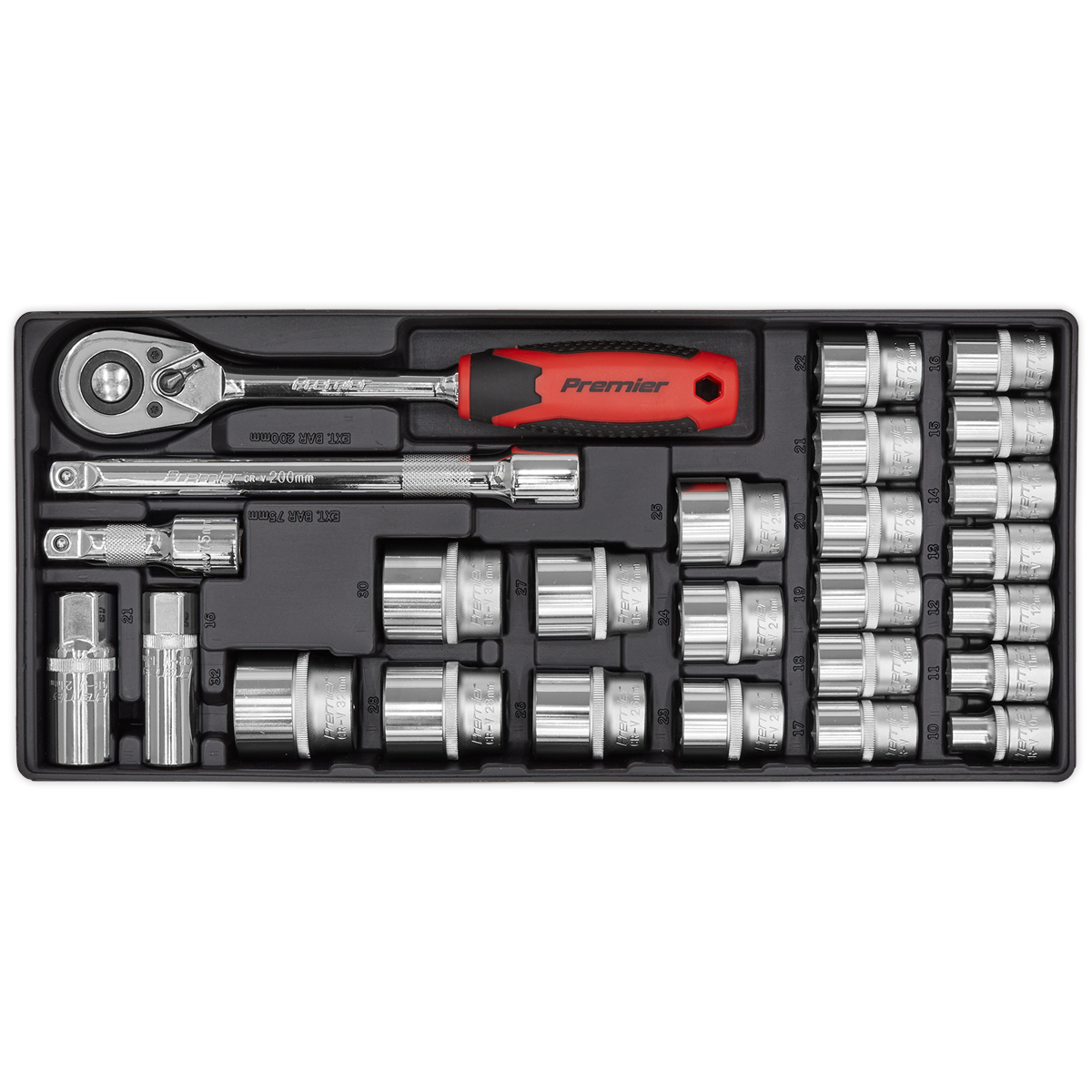 The Sealey Tool Tray with Socket Set 26pc 1/2"Sq Drive - TBT35 includes a ratchet wrench set with a red handle and various socket attachments, all organized neatly in a black carrying case. Ideal for professional technicians, this set ensures you have the right equipment for any job.