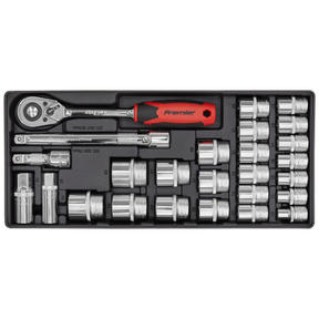 The Sealey Tool Tray with Socket Set 26pc 1/2"Sq Drive - TBT35 includes a ratchet wrench set with a red handle and various socket attachments, all organized neatly in a black carrying case. Ideal for professional technicians, this set ensures you have the right equipment for any job.