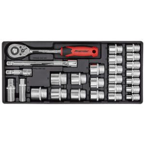 The Sealey Tool Tray with Socket Set 26pc 1/2"Sq Drive - TBT35 includes a ratchet wrench set with a red handle and various socket attachments, all organized neatly in a black carrying case. Ideal for professional technicians, this set ensures you have the right equipment for any job.