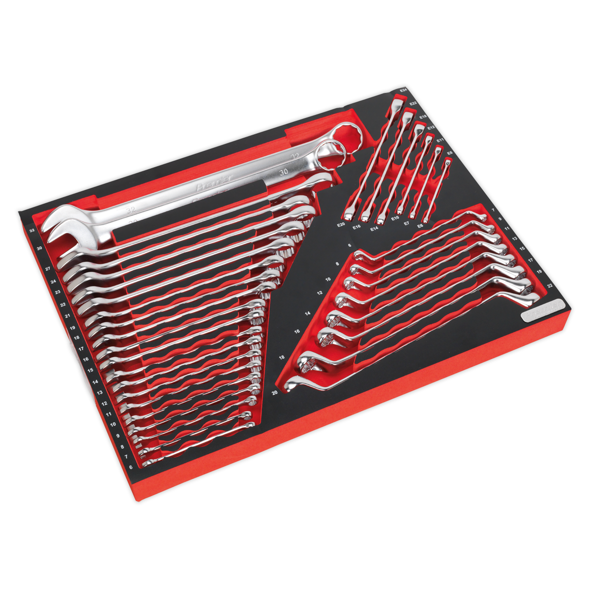 The Sealey Tool Tray with Spanner Set 35pc - TBTP03 is a neatly organized collection of wrenches in a red and black foam tool organizer, featuring various sizes arranged in a visually accessible layout, perfect for the professional technician. This Premier Platinum tool tray includes both combination and TRX-Star spanners for versatile use.