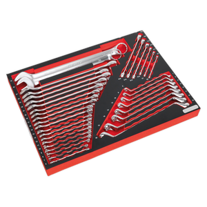 The Sealey Tool Tray with Spanner Set 35pc - TBTP03 is a neatly organized collection of wrenches in a red and black foam tool organizer, featuring various sizes arranged in a visually accessible layout, perfect for the professional technician. This Premier Platinum tool tray includes both combination and TRX-Star spanners for versatile use.