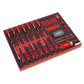 The Sealey Tool Tray with Screwdriver Set 72pc - TBTP04 features a set of red and black-handled screwdrivers neatly organized in a foam tray, along with bits and additional screwdriver heads, making it perfect for the professional technician. This Premier Platinum tool tray delivers exceptional quality for any workshop.