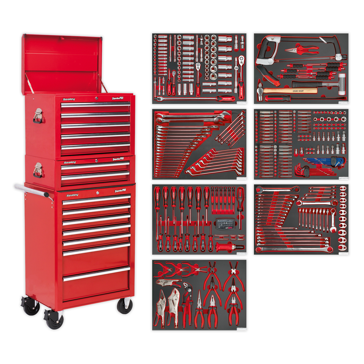 Tool Chest Combination 14 Drawer with Ball-Bearing Slides - Red & 446pc Tool Kit - TBTPCOMBO1 - Farming Parts