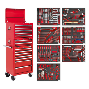 Tool Chest Combination 14 Drawer with Ball-Bearing Slides - Red & 446pc Tool Kit - TBTPCOMBO1 - Farming Parts