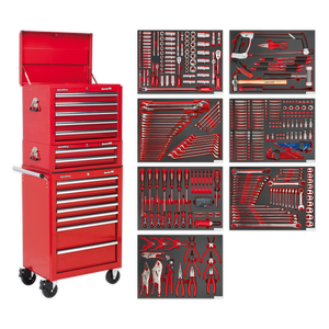 Tool Chest Combination 14 Drawer with Ball-Bearing Slides - Red & 446pc Tool Kit - TBTPCOMBO1 - Farming Parts