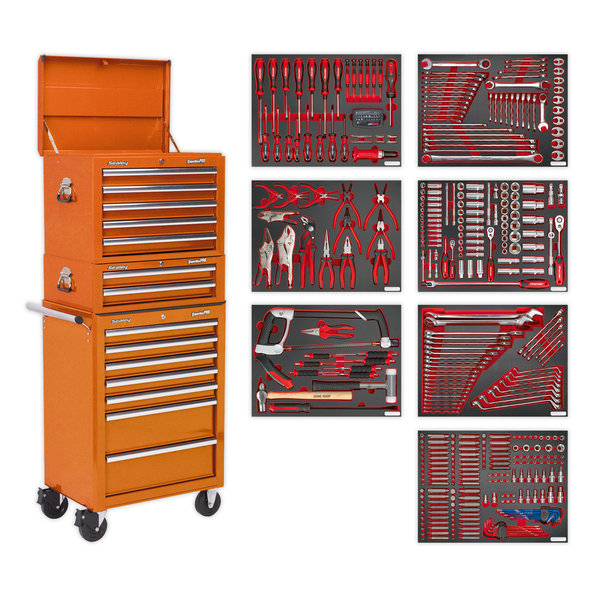 The Sealey Tool Chest Combination 14 Drawer with Ball-Bearing Slides - Orange & 446pc Tool Kit - TBTPCOMBO4 offers superior protection and organization, featuring a vibrant orange exterior, wheels for easy mobility, and multiple drawers. It includes an extensive collection of organized tools such as wrenches, screwdrivers, pliers, sockets, and various other hand tools. The heavy-duty ball-bearing drawer slides ensure smooth operation every time.