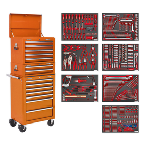 The Sealey Tool Chest Combination 14 Drawer with Ball-Bearing Slides - Orange & 446pc Tool Kit - TBTPCOMBO4 offers superior protection and organization, featuring a vibrant orange exterior, wheels for easy mobility, and multiple drawers. It includes an extensive collection of organized tools such as wrenches, screwdrivers, pliers, sockets, and various other hand tools. The heavy-duty ball-bearing drawer slides ensure smooth operation every time.